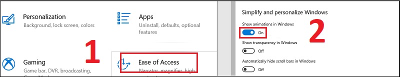 Gạt thanh chọn để tắt tính năng hiển thị hiệu ứng làm mở của Windows đi